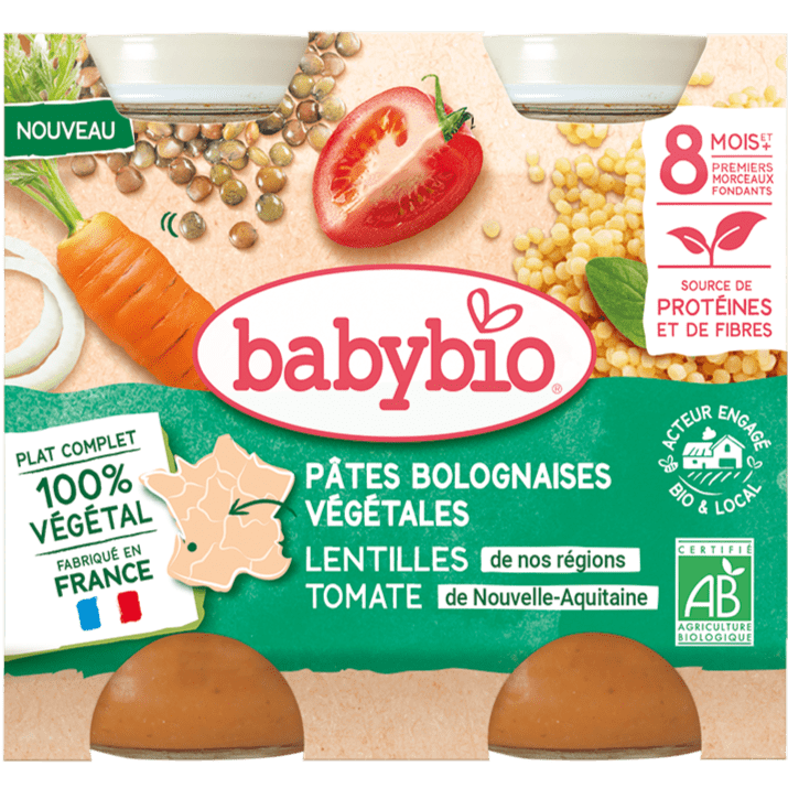 Petit pot bébé 8 mois Pâtes bolognaises végétales - Carottes lentilles tomates BIO -  2x200g Baby Bio vrac-zero-dechet-ecolo-montaudran